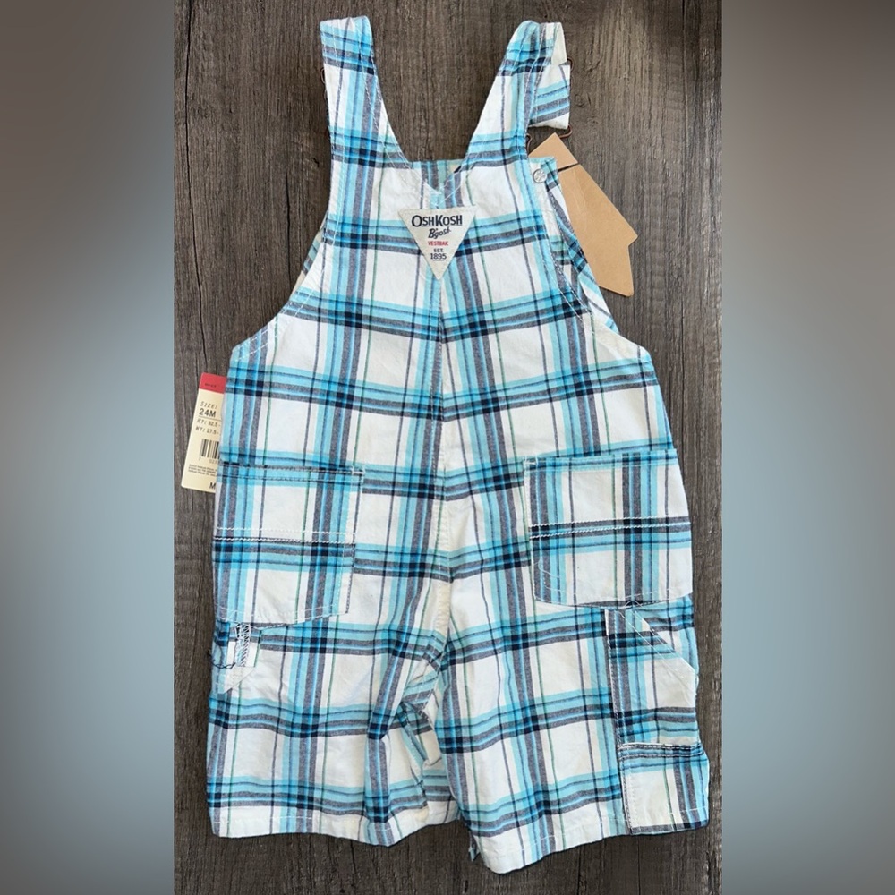 Oshkosh B’gosh Vestbak Blue White Plaid Overall‎ Shorts Size 24mo - Picture 2 of 5